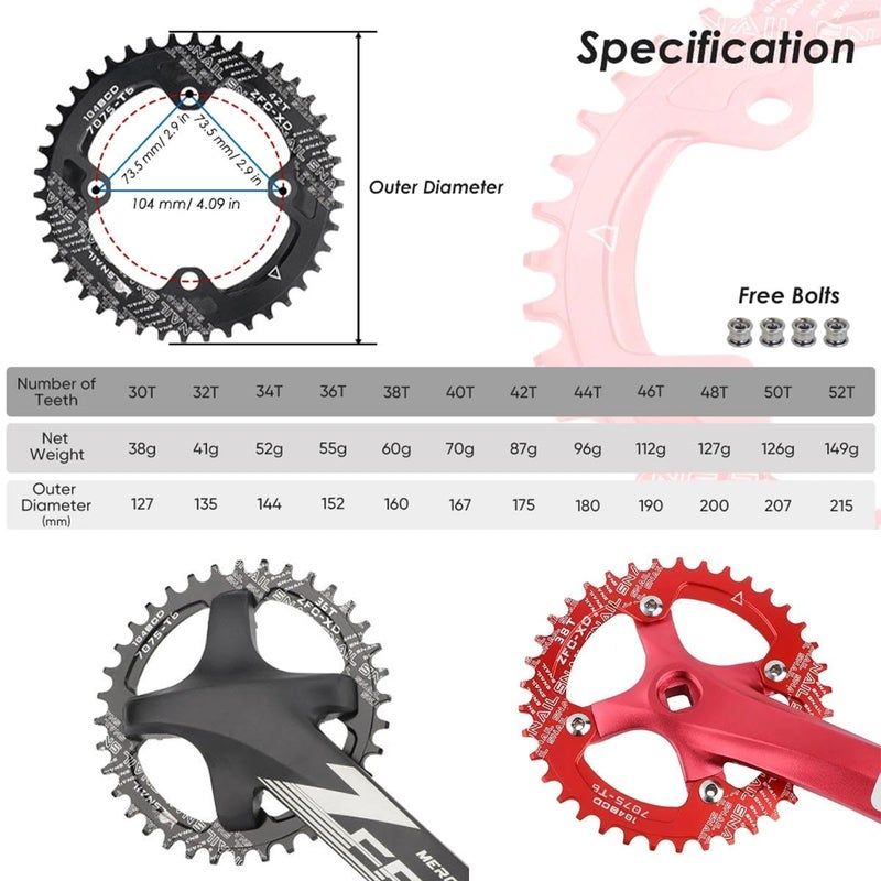 FOMTOR 104 BCD Chainring 30T 7-12 Speed Compatible CNC 7075 Aluminum Narrow Wide Tooth Round Chainrings for MTB/Road Bike Ebike Chainwheel Red - Image 2
